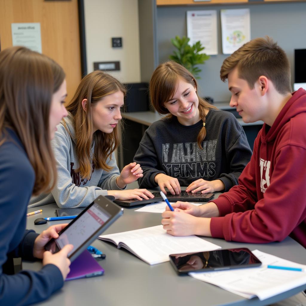 Students working together on a project, combining technology and creativity