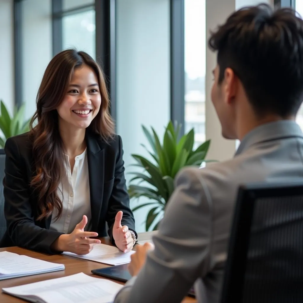 Job candidate confidently answering questions in an ASEAN job interview