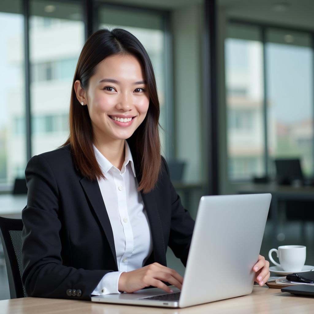 Confident graduate employee thriving in their new role within an ASEAN company