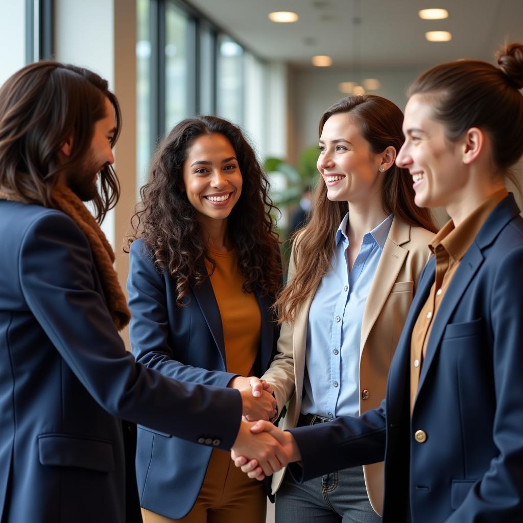 A diverse group of young professionals celebrating a successful job interview.