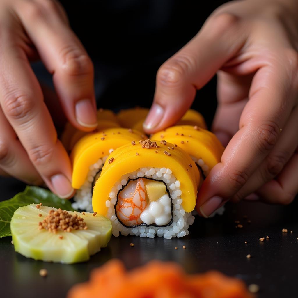 Skilled Sushi Chef Crafting a Mango and Shrimp Roll