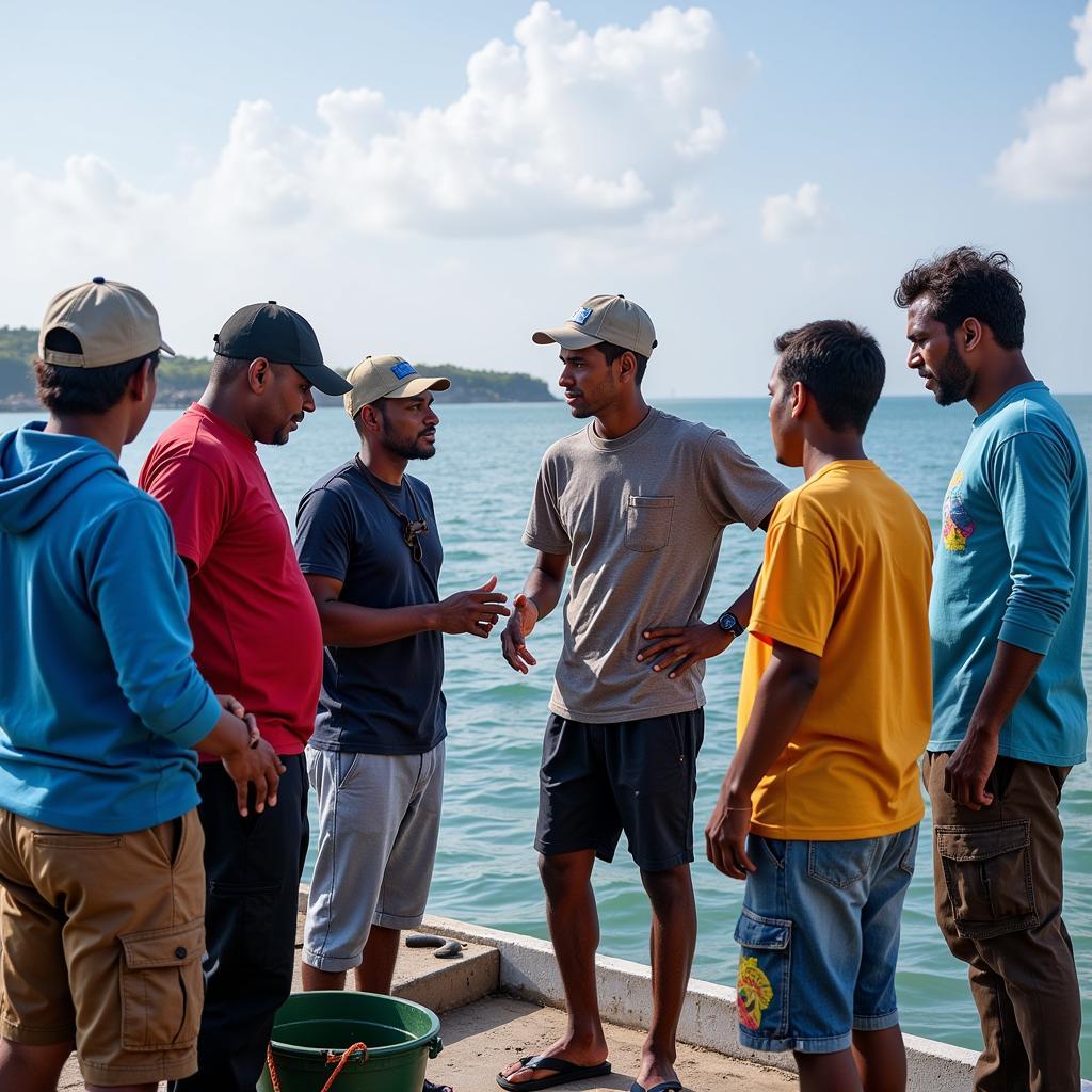 A group of fishermen learning about sustainable aquaculture practices from a marine expert in Southeast Asia