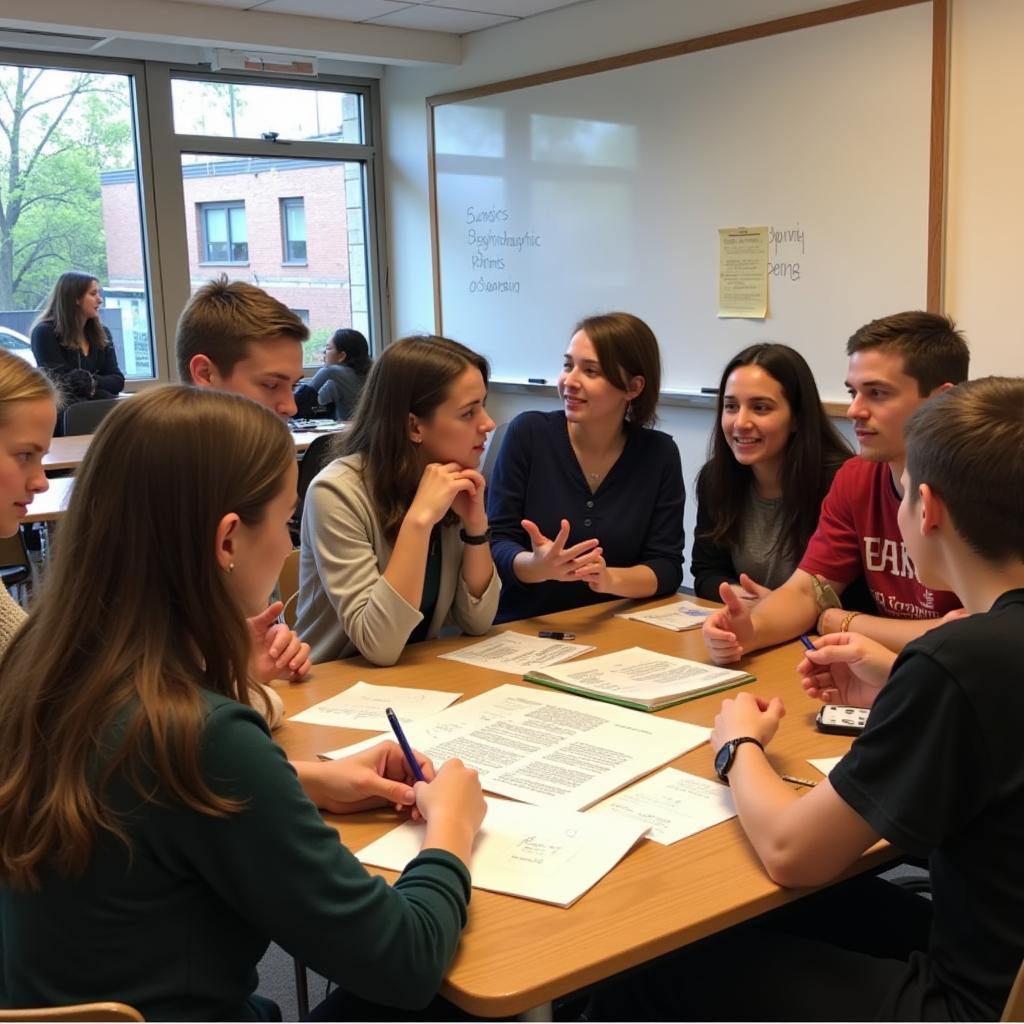 Teachers and students collaborating on a project