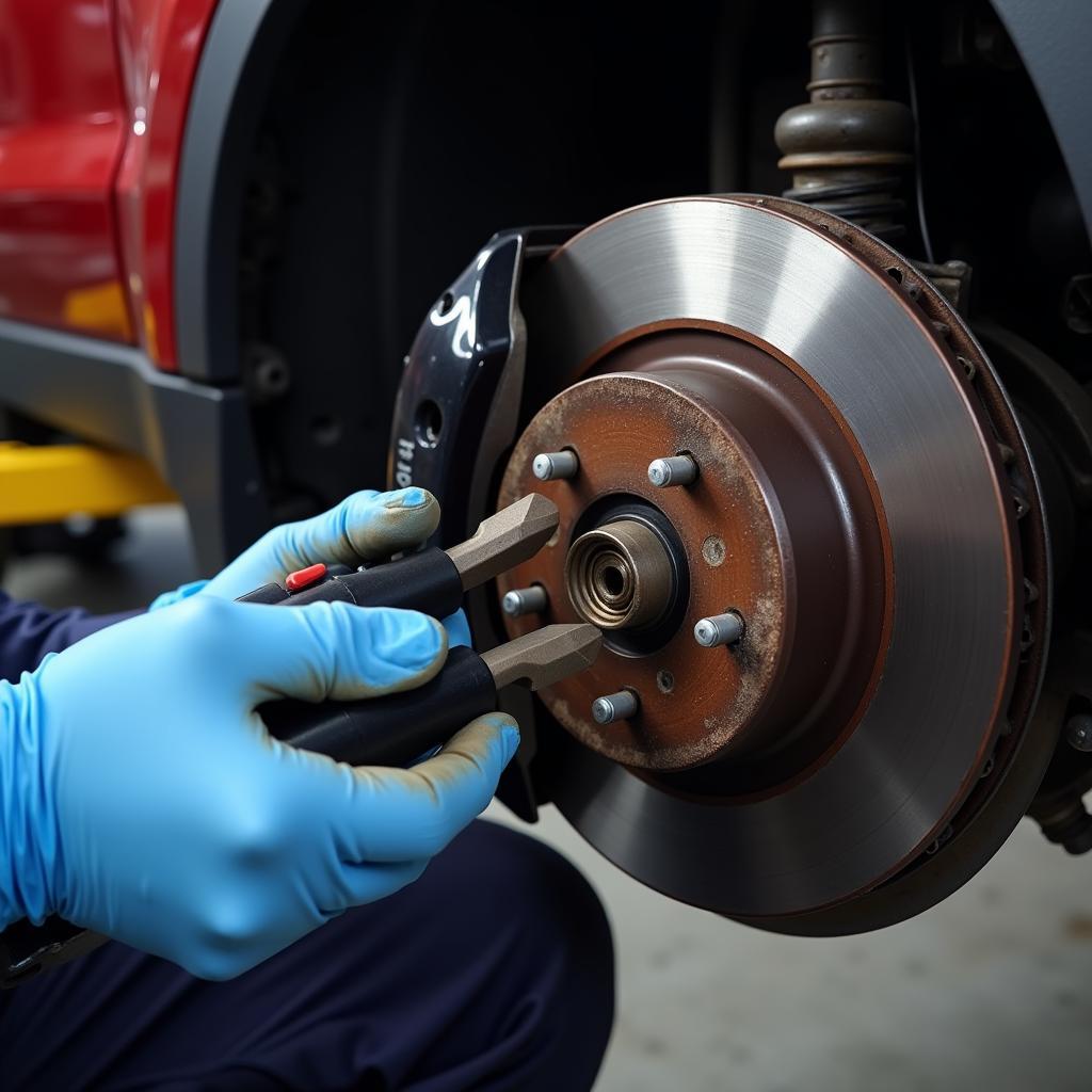 Technician Inspecting Brake Pads