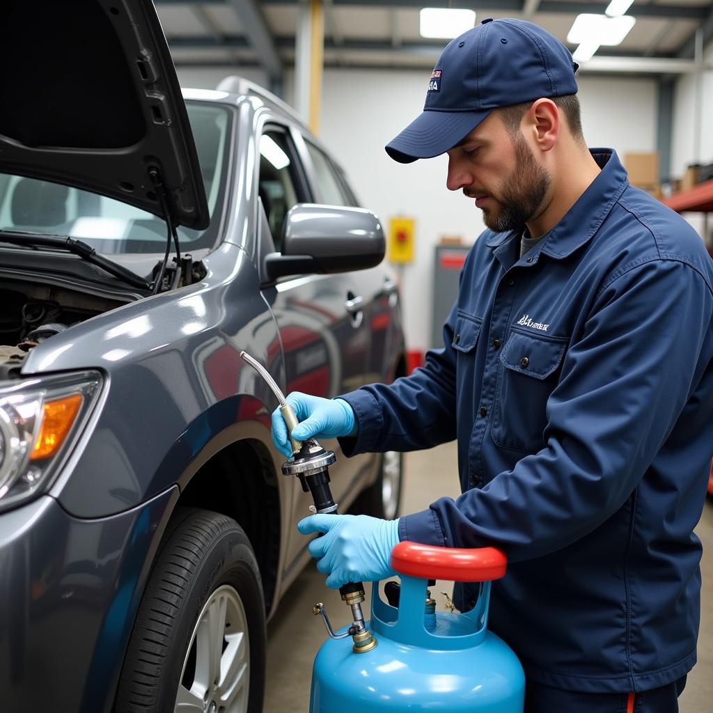 Automotive Technician Recovering Refrigerant from a Vehicle