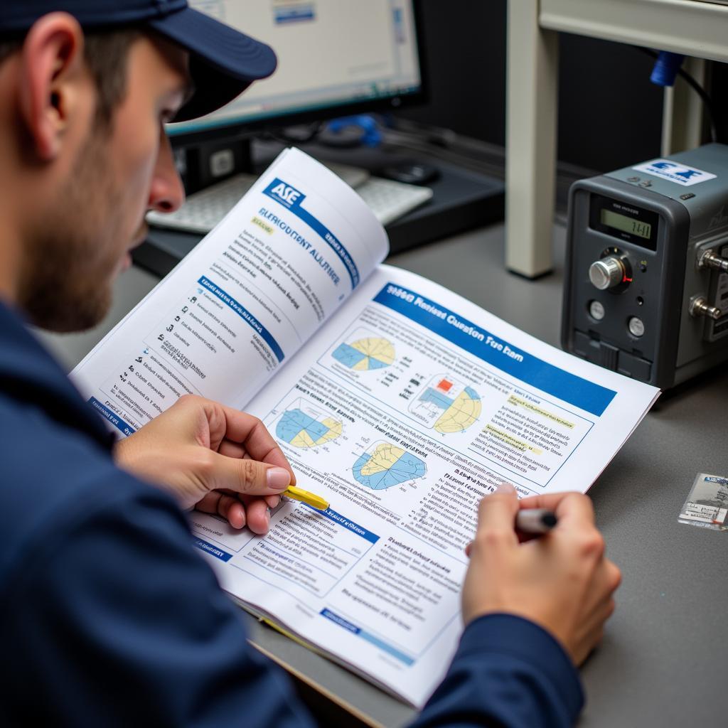 Technician Reviewing ASE Refrigerant Study Guide