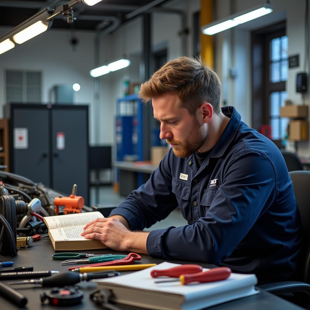 Technician studying for the ASE 608 exam with books and tools