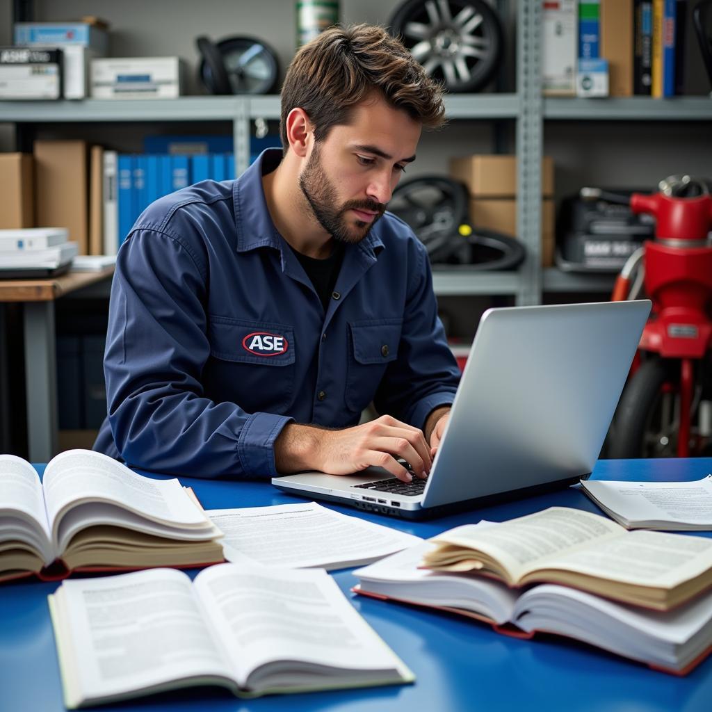 Technician Studying for ASE Tests