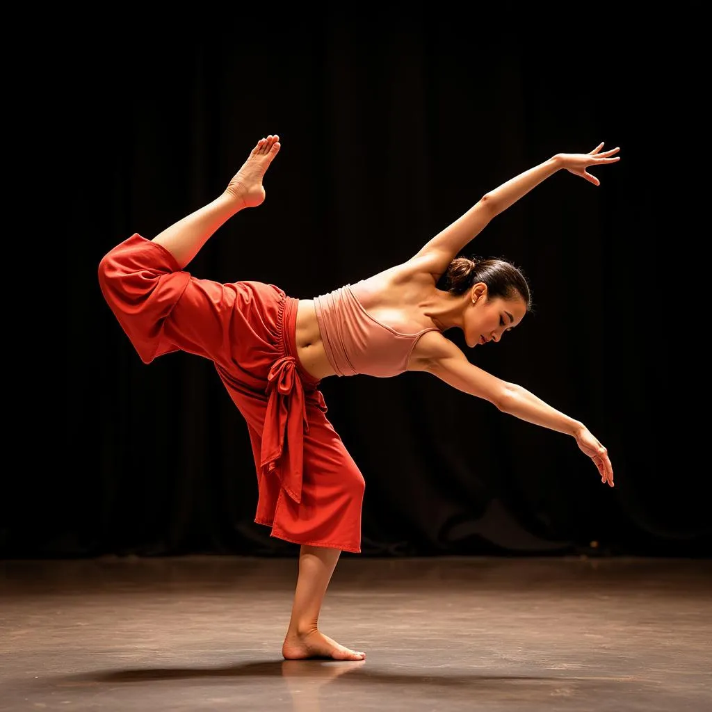 A Thai dancer in a traditional costume, showcasing a 45-degree back bend with wide Ase