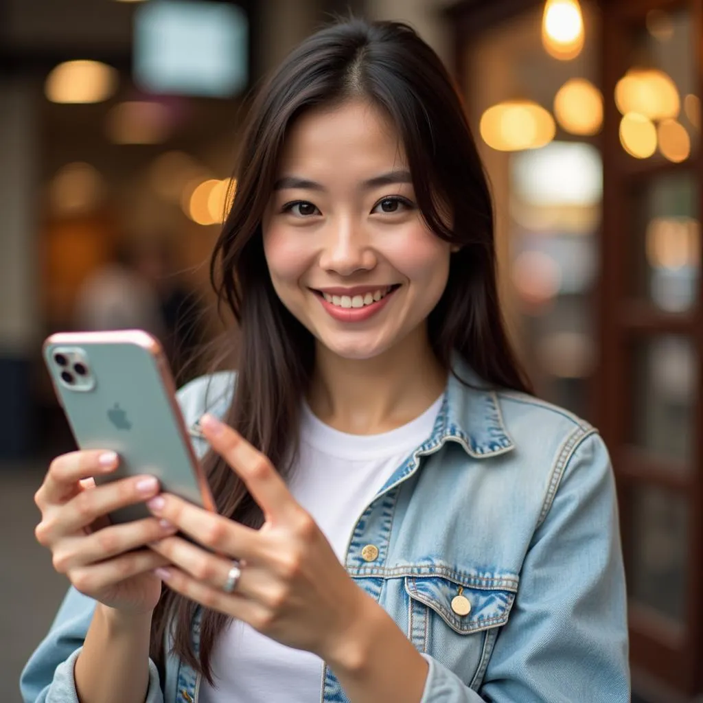 Woman using a coupon on her phone in Thailand