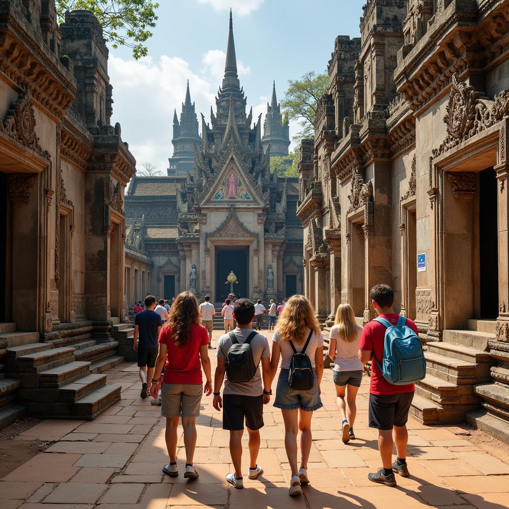 Tourists admiring an ornate temple in an ASEAN country