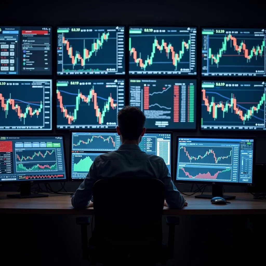 Trader Analyzing ASEAN Market Data on Multiple Screens