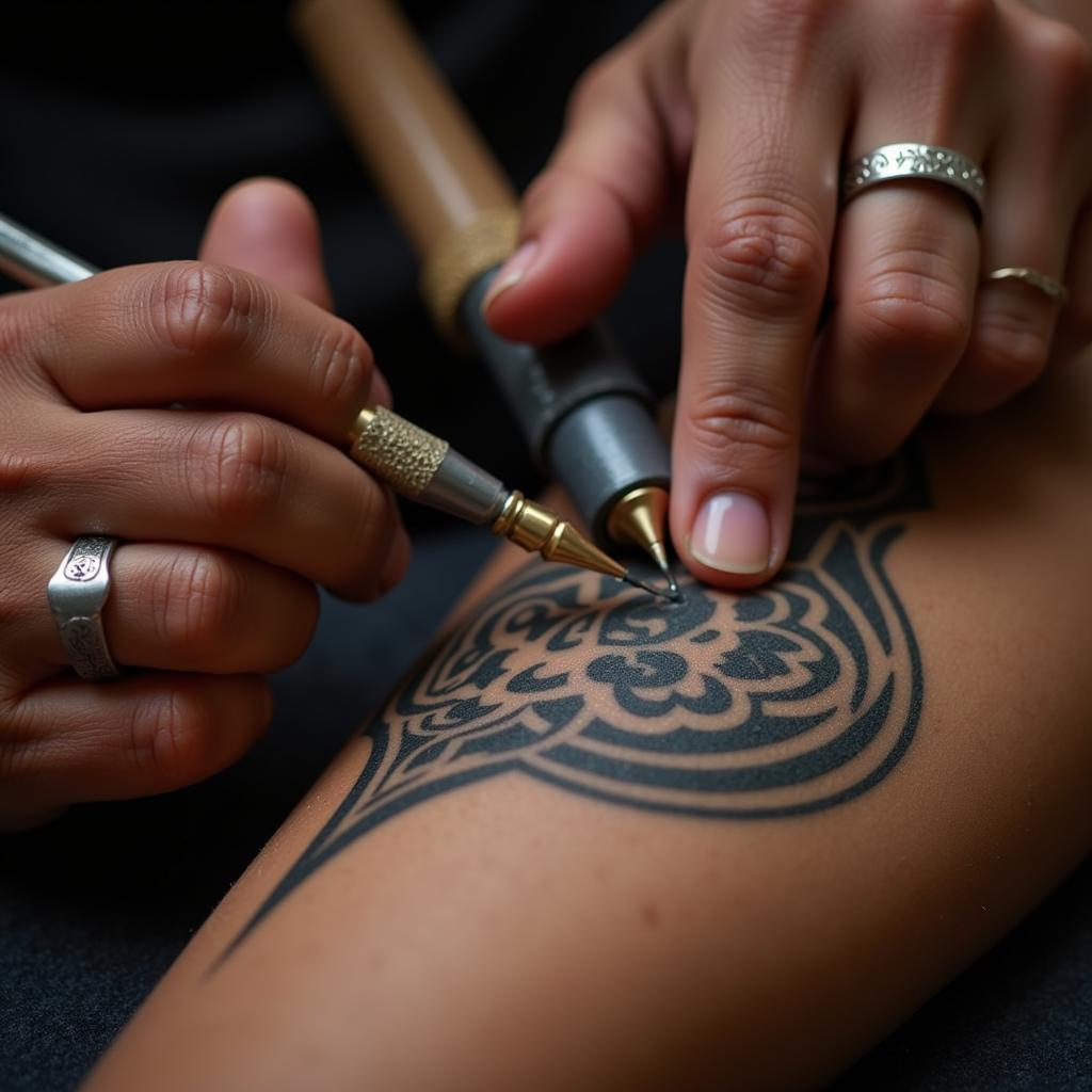 Traditional Hand-Tapped Tattoo in an ASEAN Lounge