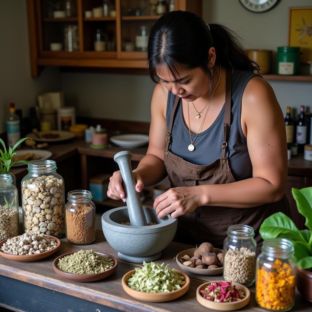 Traditional healer preparing an herbal remedy