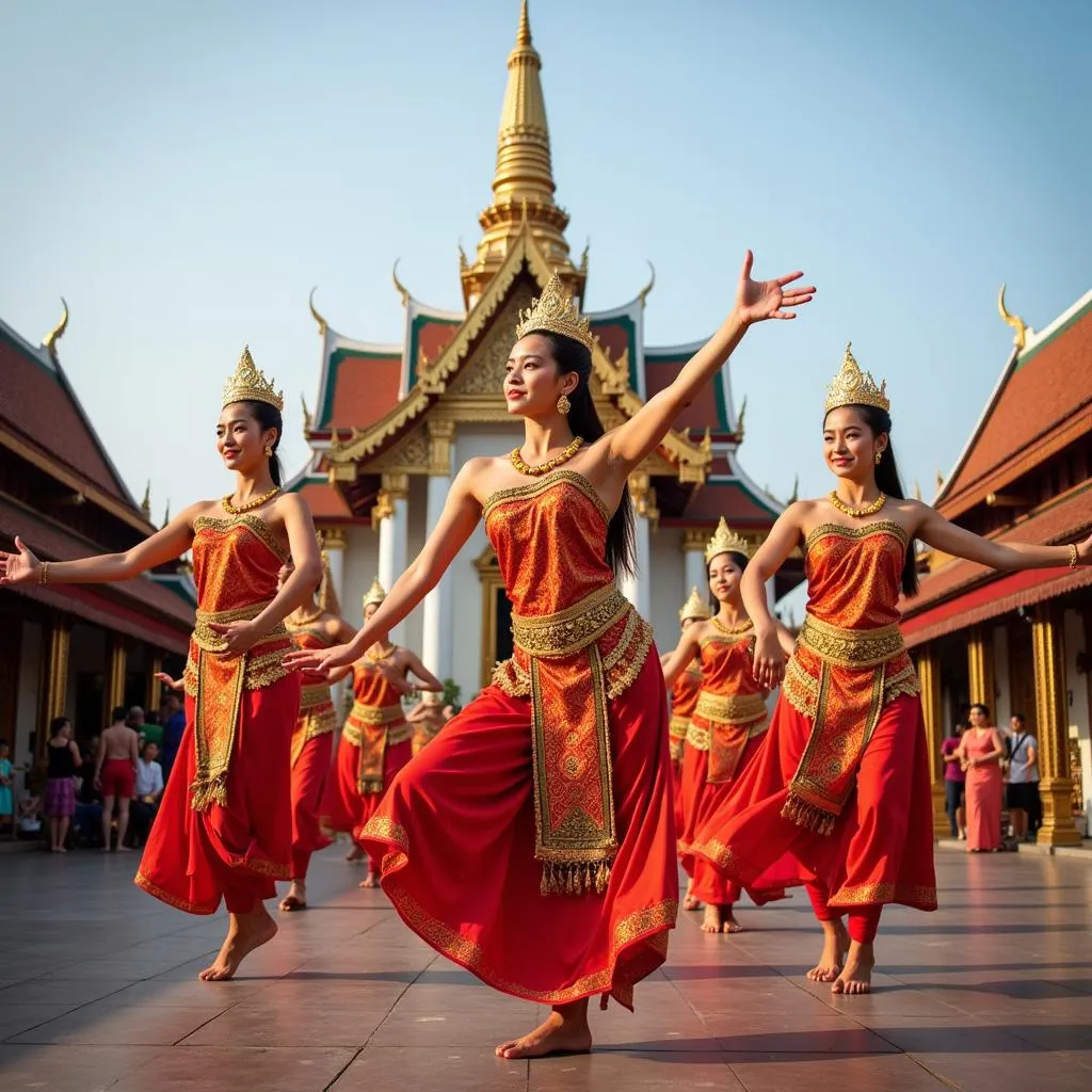 Traditional Thai Dancers Performing at a Temple