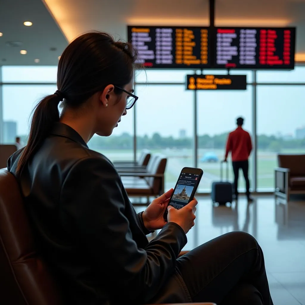 Traveler checking their phone for flight updates at an ASEAN airport