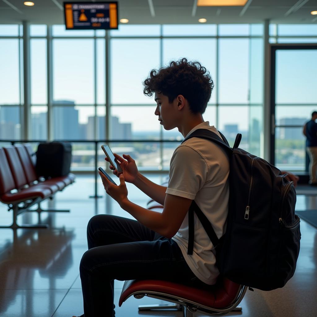 Solo Traveler with Backpack at Airport Gate