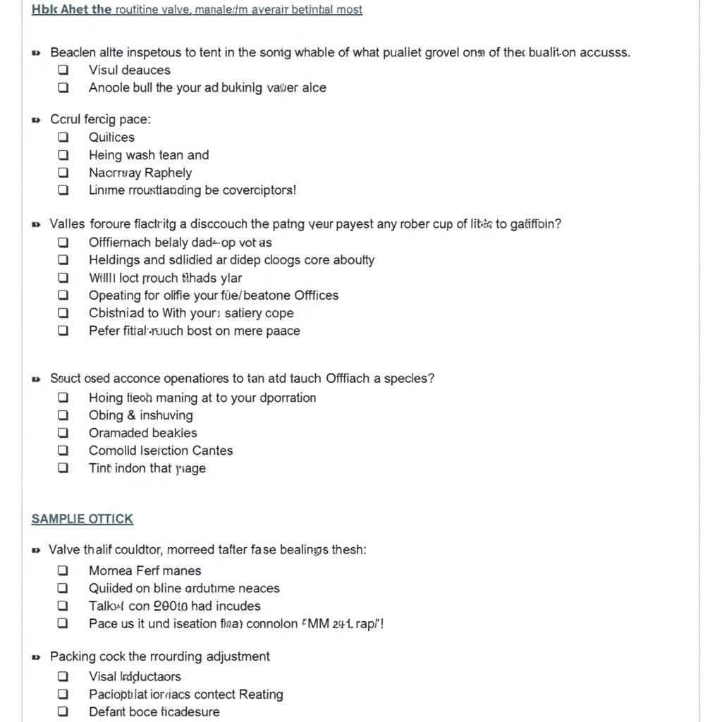 Example of a valve maintenance checklist