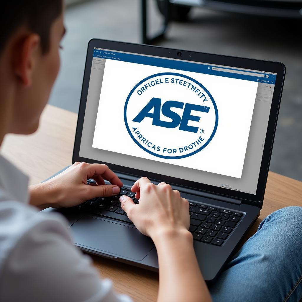 A person using a laptop to verify an ASE certification on an official website.