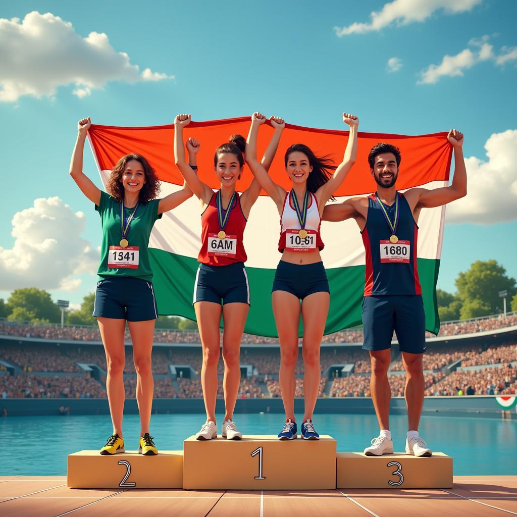 Athletes celebrating their victory on the podium