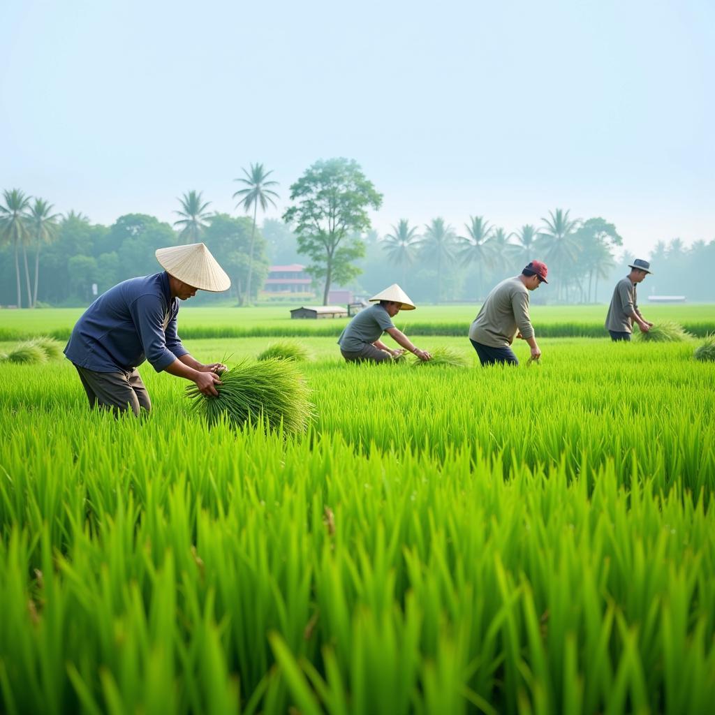 Farmers Applying Weed Control in Rice Paddy