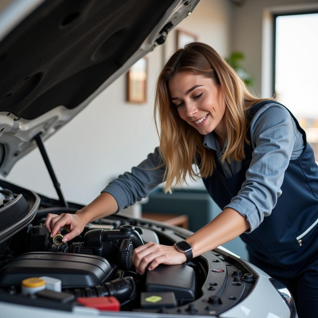 Woman Checking Car Oil Level