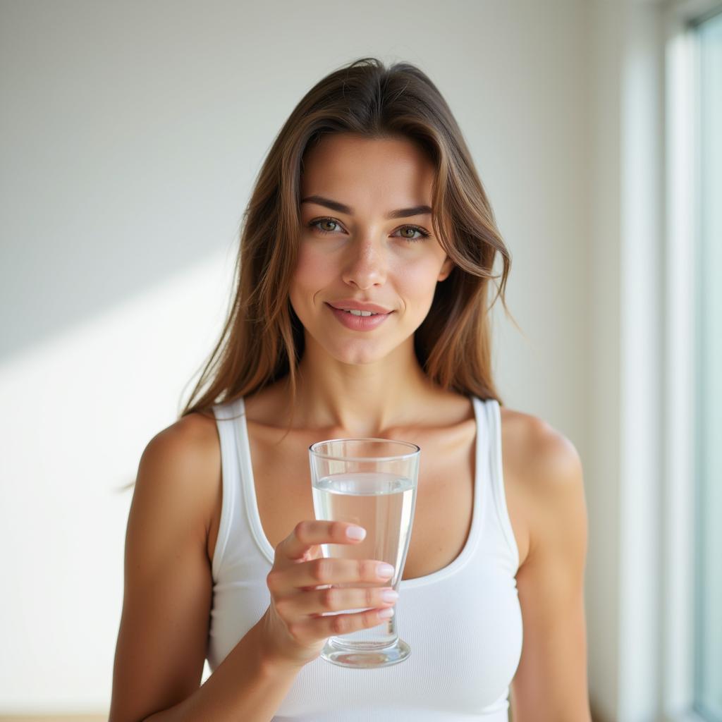 A woman hydrating with a glass of water