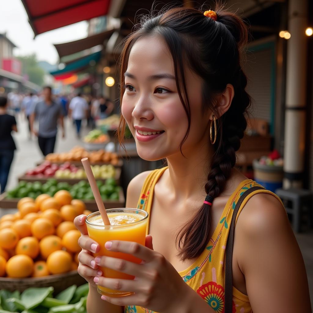 A woman smiles as she sips on a colorful fruit juice at a bustling Southeast Asian market.