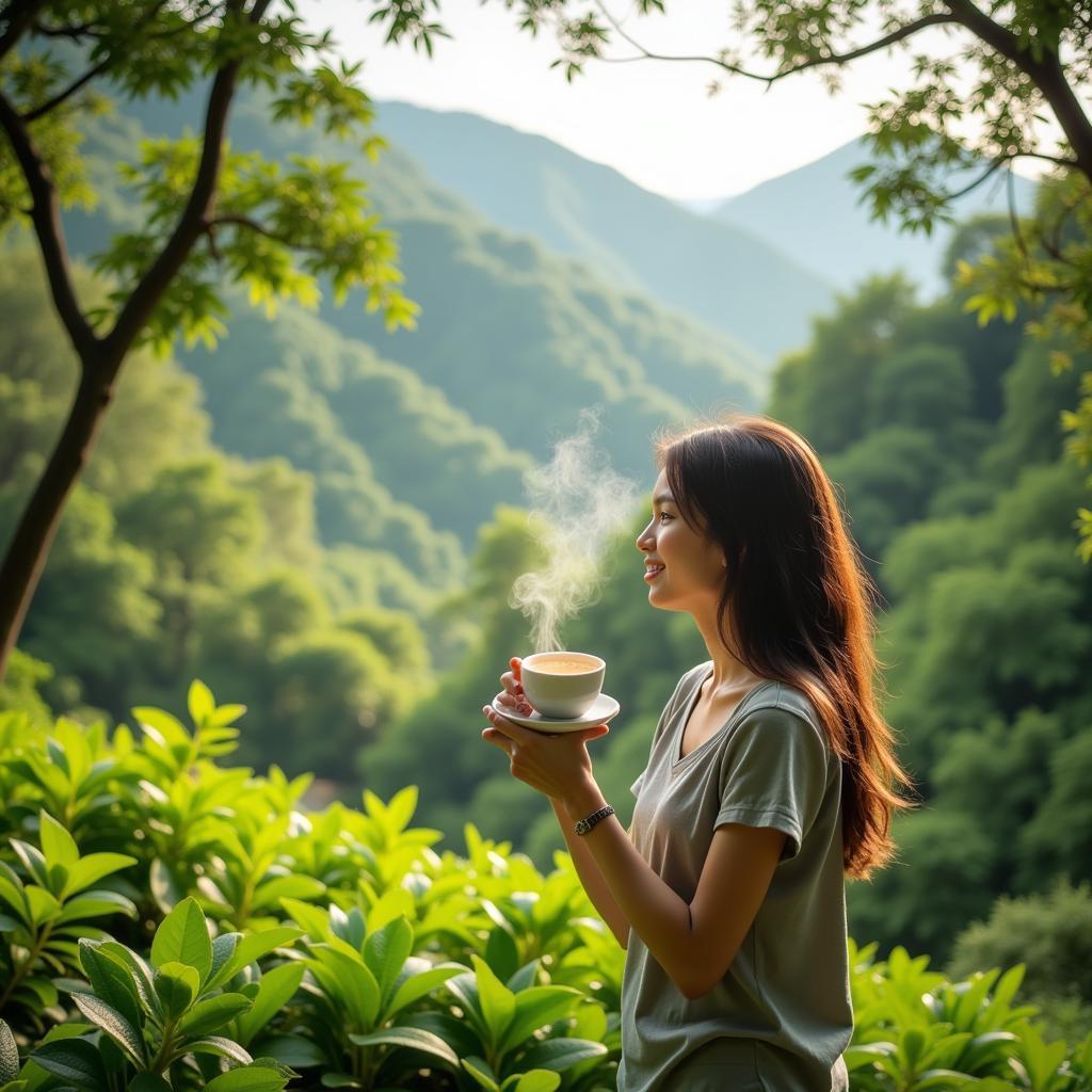 Woman Enjoying Herbal Tea in Tropical Setting