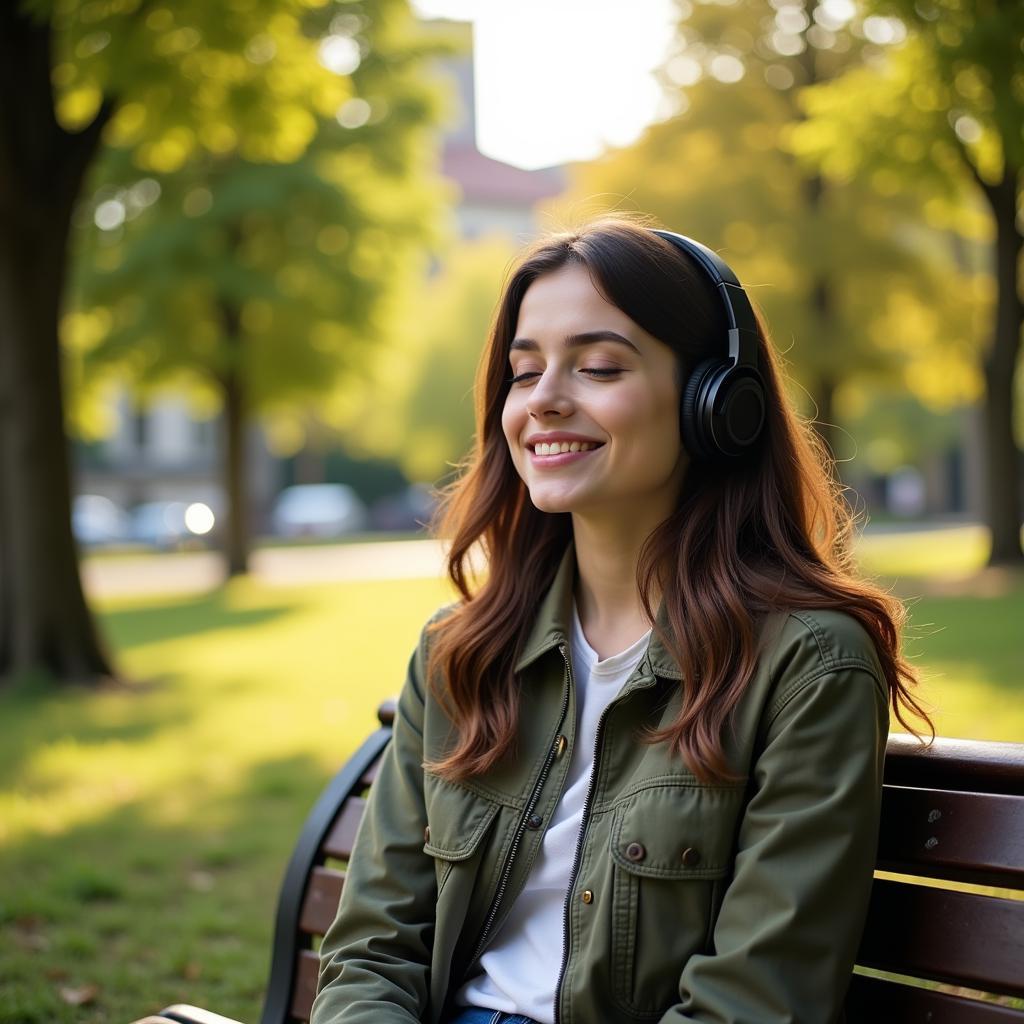 A woman finds peace listening to music with headphones