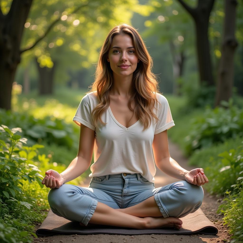 Woman meditating in a tropical garden