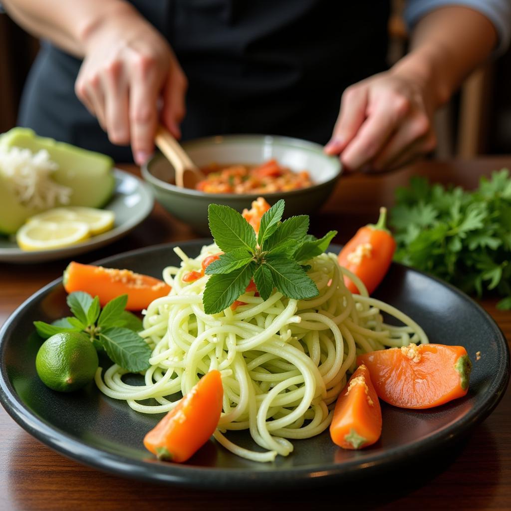 A woman smiles as she prepares a traditional Southeast Asian papaya salad, her hands working deftly with a mortar and pestle.