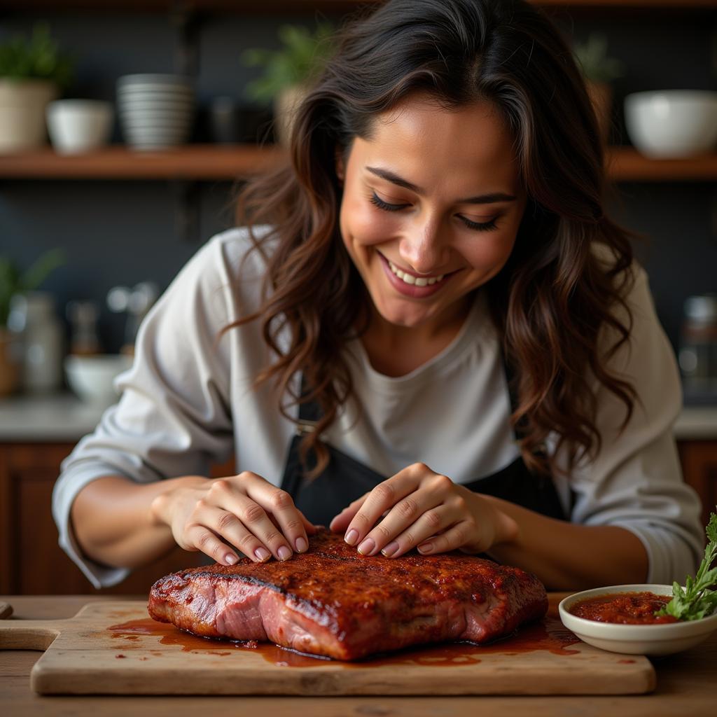 A woman marinating meat with ase de asar carne.