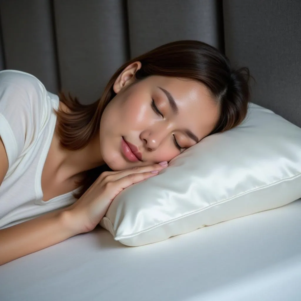 Woman sleeping soundly on a silk pillowcase