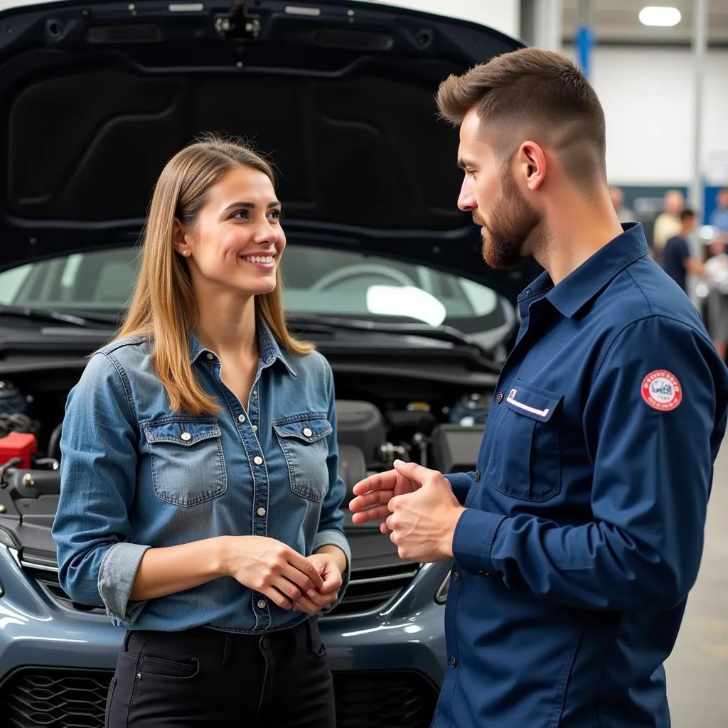 Car Owner Discussing Repairs with ASE Certified Mechanic