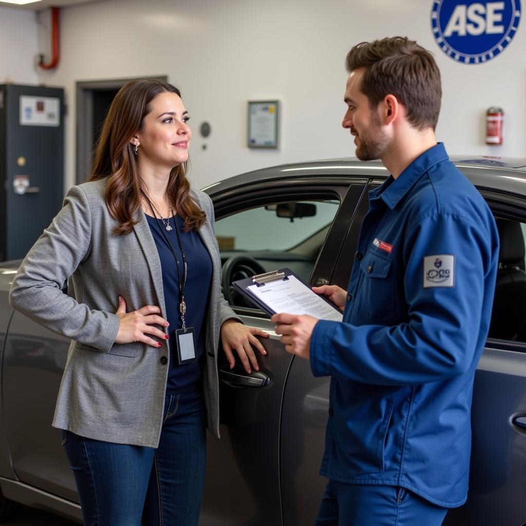 A woman talking to an ASE certified mechanic in a Bakersfield auto repair shop