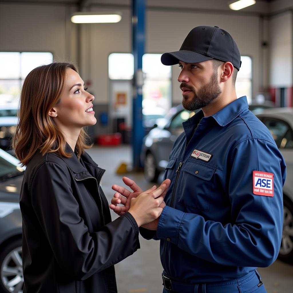 Woman Discussing Car Repair with an ASE Certified Mechanic in Las Vegas