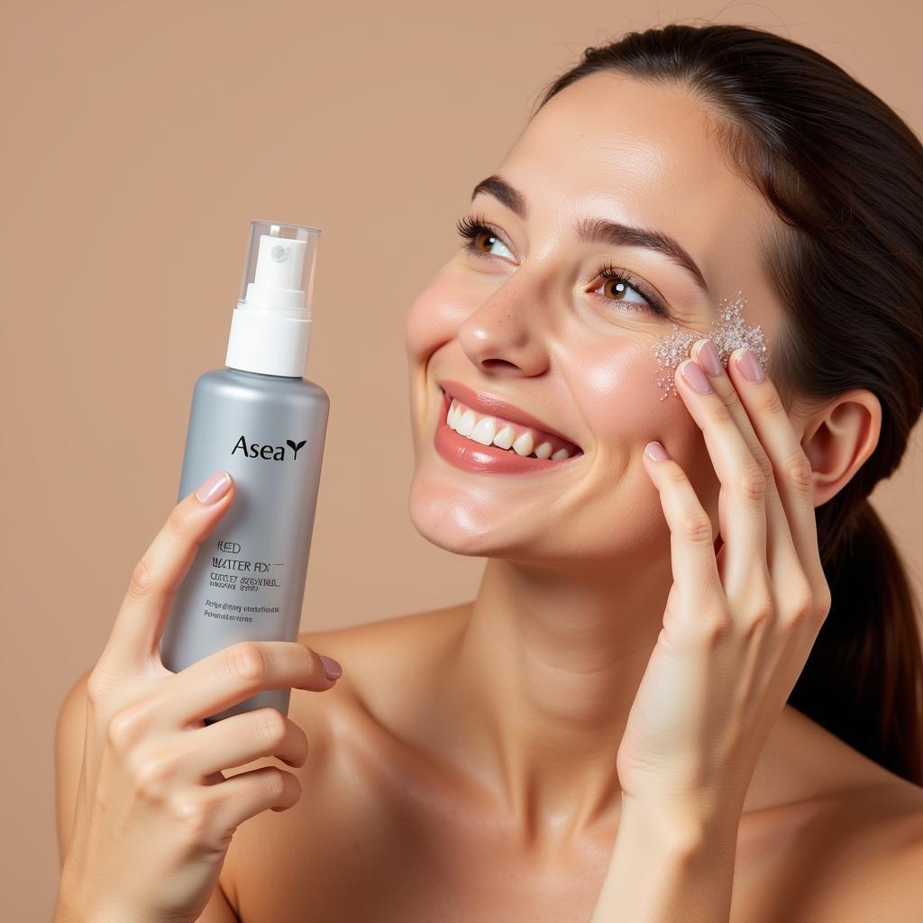 Woman using Asea water spray on her face