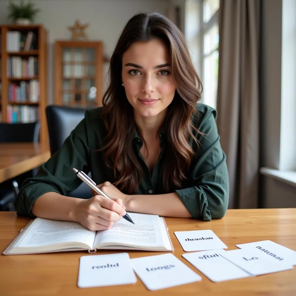 Woman Learning English Vocabulary with Flashcards