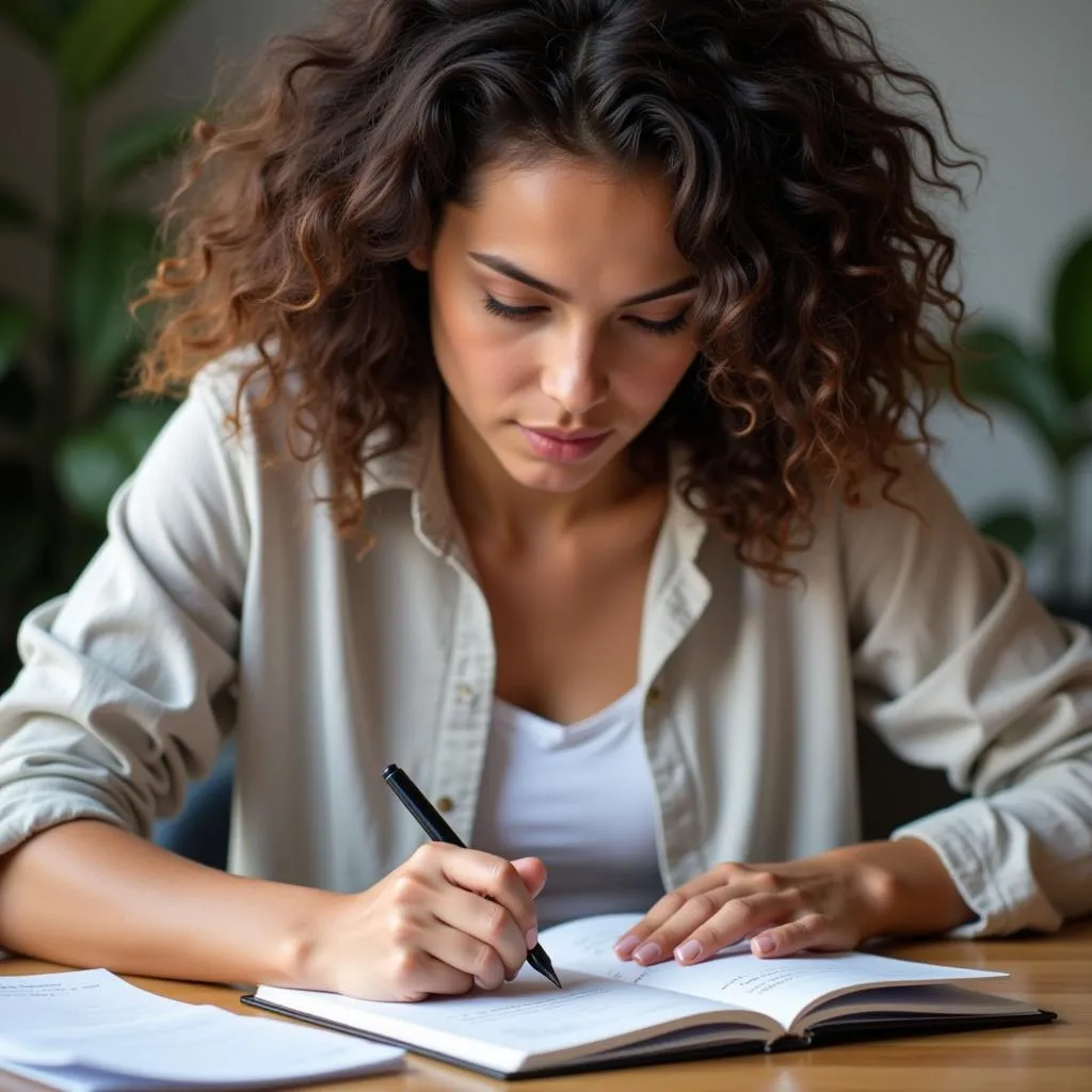 A woman writing a list of words in a notebook