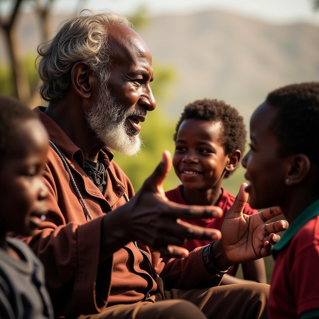 An elderly Xhosa man sharing stories with younger generations, signifying the passing down of faith and cultural values.