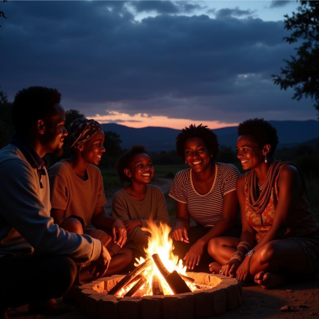 Xhosa family gathered around a fire