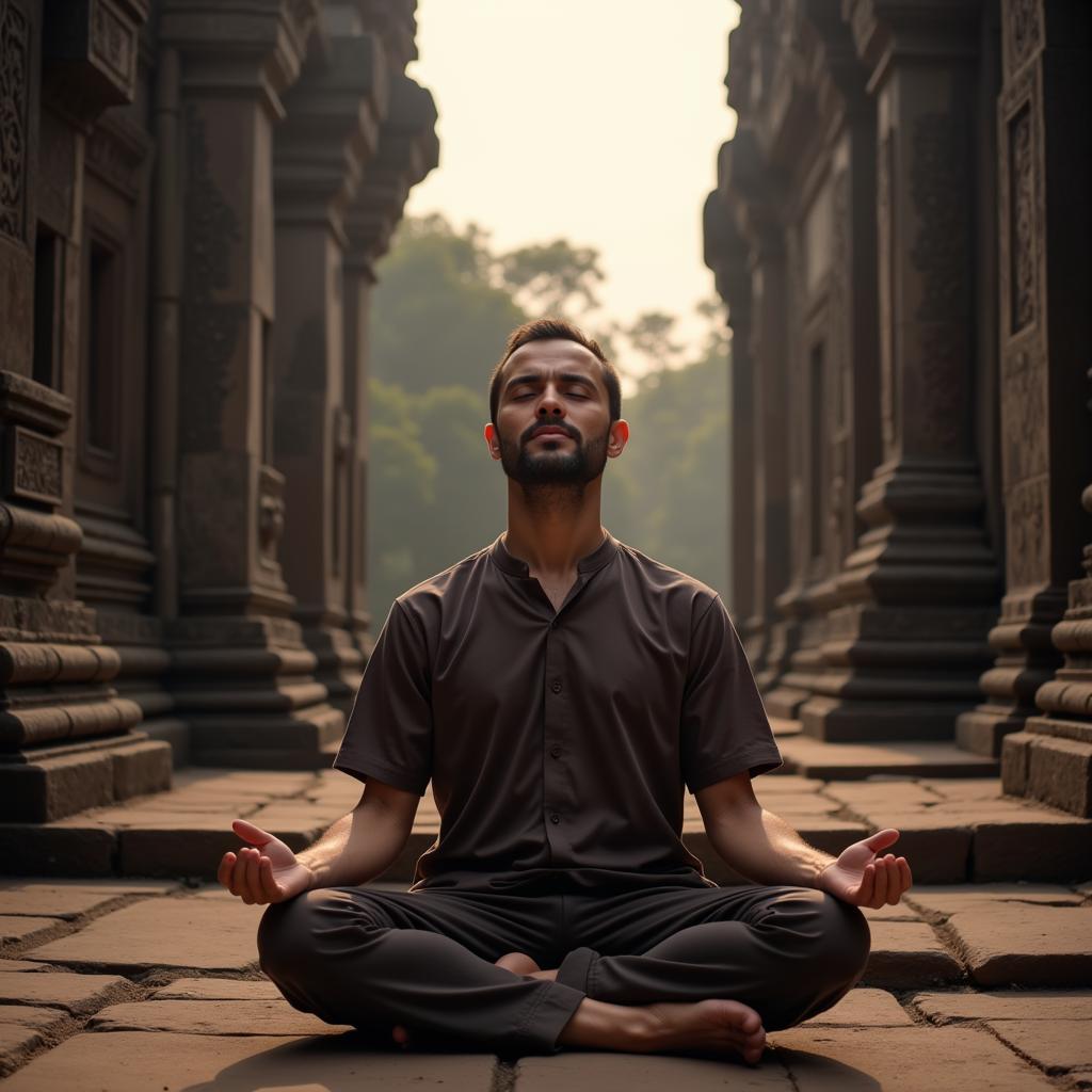 A man meditating in lotus pose at Angkor Wat