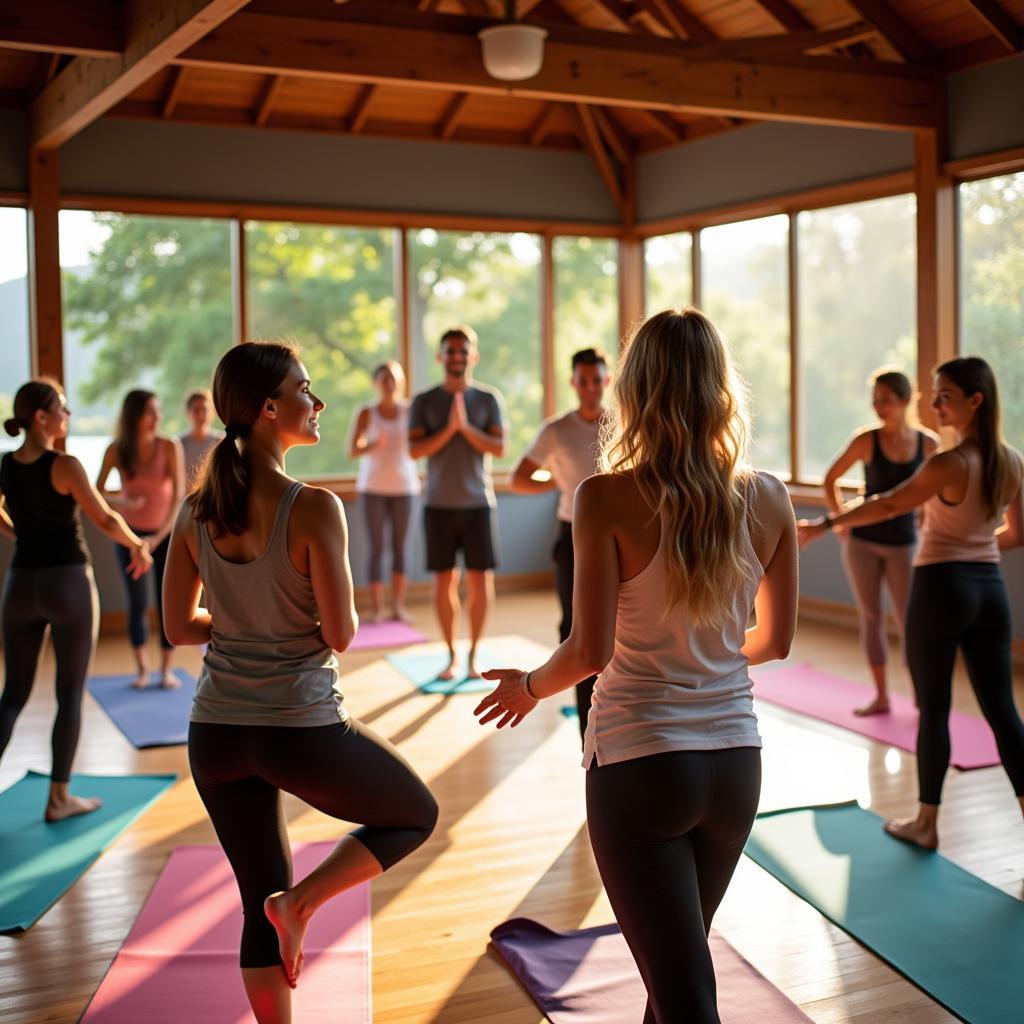 Group of people practicing yoga in a Thailand studio