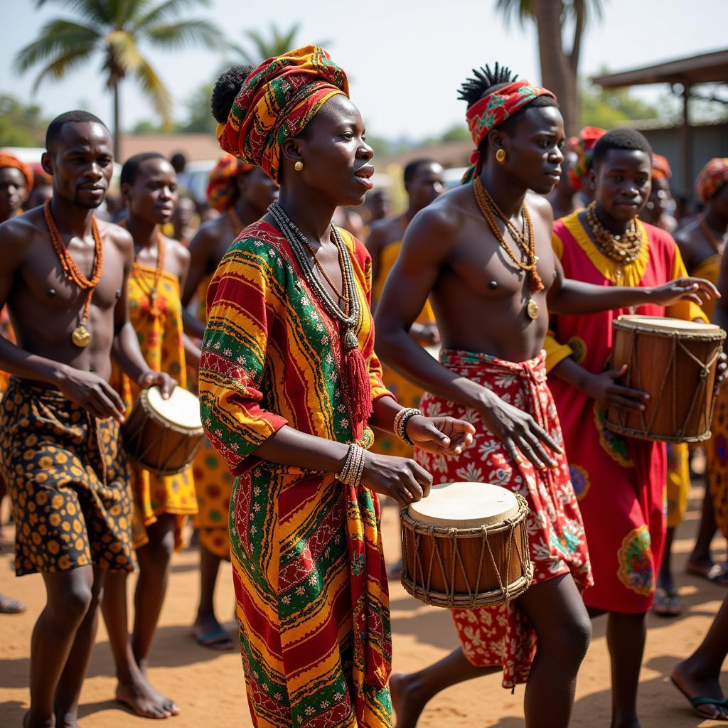 A traditional Yoruba ceremony with vibrant attire and music.