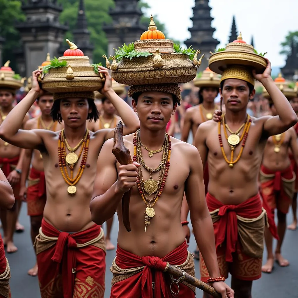 Young Men Carrying Offering in Bali