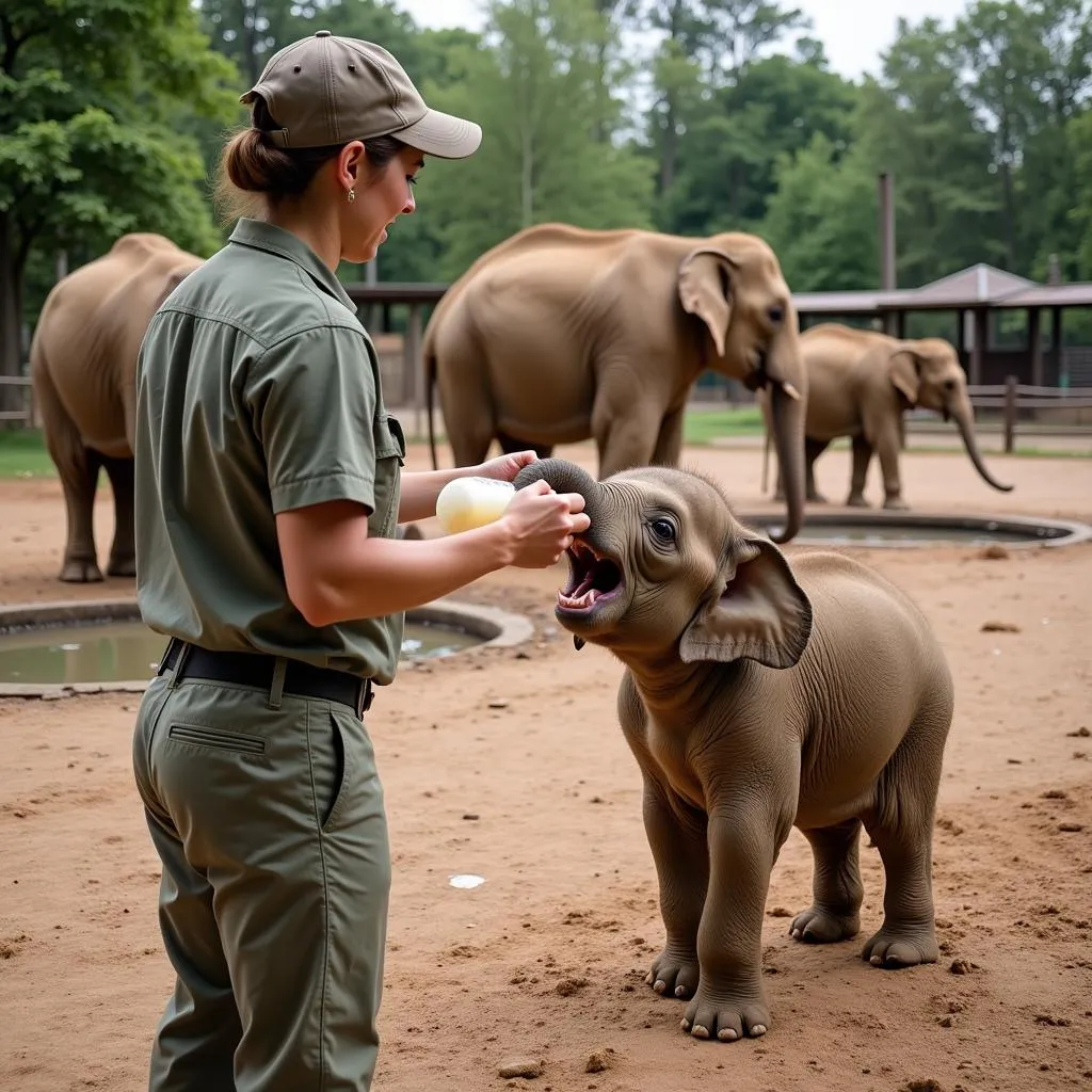 Zookeeper Caring for a Baby Elephant