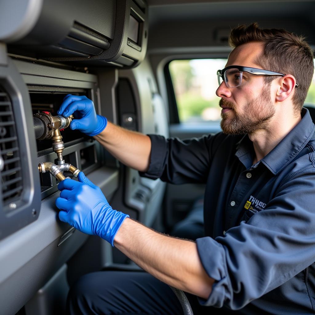 Technician Working on AC with Proper Refrigerant Handling Equipment