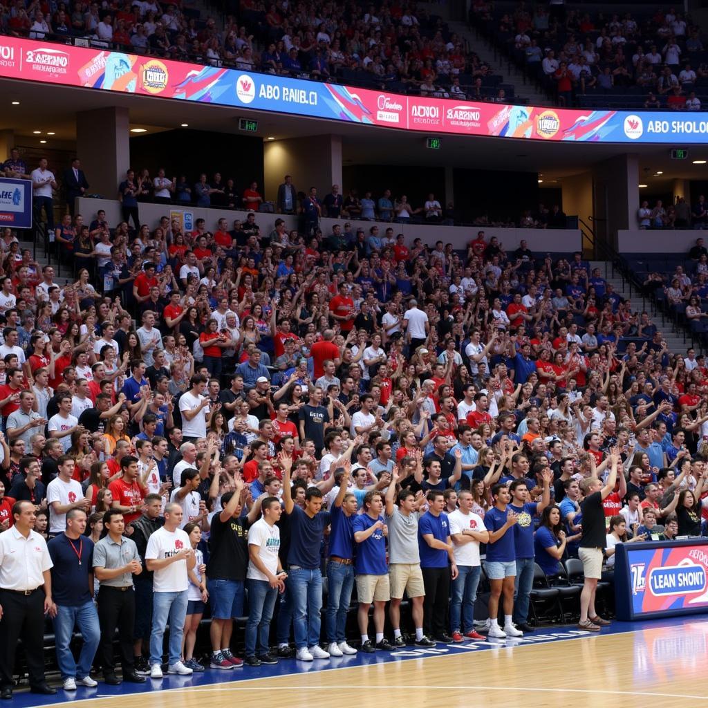 ABL fans excitedly cheering for their team in a packed stadium.