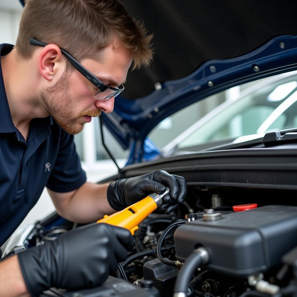 AC HVAC Technician Working on a Car AC System